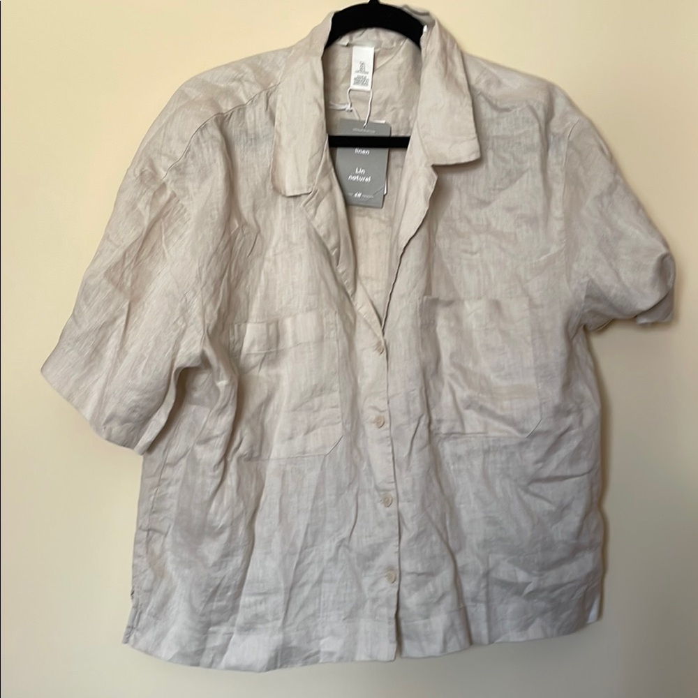 Casual Beige Linen Button-Up Shirt